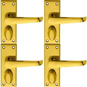 Loops 4x PAIR Straight Handle on Short Privacy Backplate 118 x 42mm Polished Brass in Metallics
