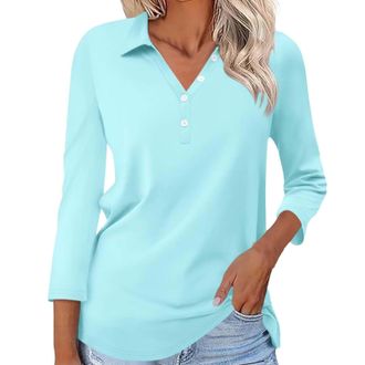 Generic Womens 3/4 Sleeve Tops V Neck Button Shirts Casual Basic Tees Blouse Compression Warm Shirt Women (Beige, L)