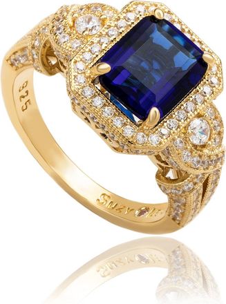 Suzy Levian Yellow Sterling Silver Emerald-Cut Blue and White Cubic Zirconia Pave Ring