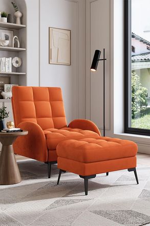 H&O Direct Modern Recliner Lounge Set with Ottoman & Sleek Metal Base in Tangerine