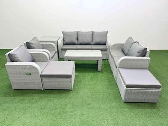 Fimous PE Rattan Garden Furniture Set Adjustable Chair Sofa Double Love Seat 2 Seater Sofa Lounge Set Rectangular Coffee Table 2 Big Footstool Side