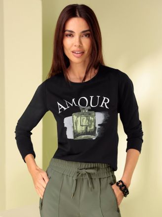 Heine Langarmshirt HEINE Shirt, Damen, Gr. 34, schwarz, 95% Baumwolle, 5% Elasthan, bedruckt, gemustert, mehrfarbig, Rundhals, Shirts Langarmshirt