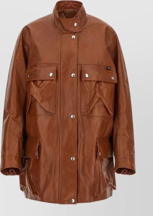 Prada leather caban coat front pockets long sleeves