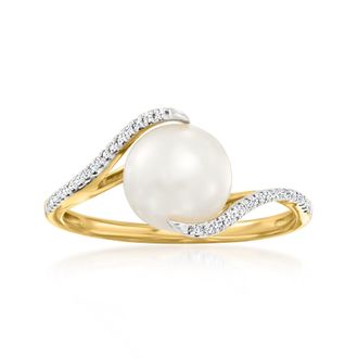 Ross-Simons 8-8.5mm Cultured Pearl Ring With Diamonds in 14kt Yellow Gold