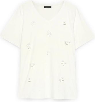 Fiorella Rubino Katoenen T-shirt met Kralenbloemen - Dames - T-shirts - Wit - 2XL - Katoen - Tops