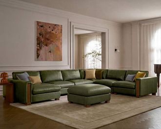 Castlery Tan France Kagan Leather 6-Piece L-Shape Sectional Couch with Ottoman with Left Chaise, Lugano Moss Green