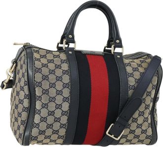 Gucci Vintage Web Boston Bag Gg Canvas Navy Canvas Handbag (Pre-Owned)