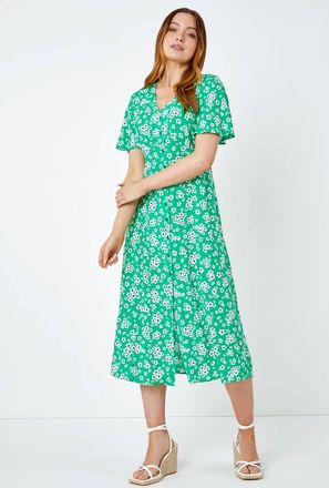 Roman Floral Print Button Detail Midi Dress