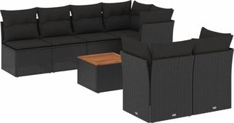 vidaXL Set De Sof&aacute;s De Jard&iacute;n Y Cojines 8 Piezas Rat&aacute;n Sint&eacute;tico Negro Vidaxl