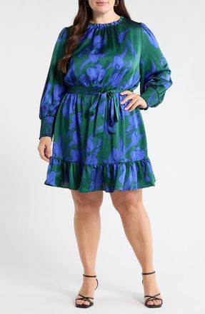 Sugarlips Busbee Floral Sevilla Satin Long Sleeve Dress in Emerald-Multi at Nordstrom, Size 2X