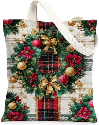 Generic Christmas Canvas Tote Bags, Festive Holiday Wreath Pattern Reusable Shopping Bags, Vintage Plaid Lightweight Washable Shoul, Red, 13x15 Inch