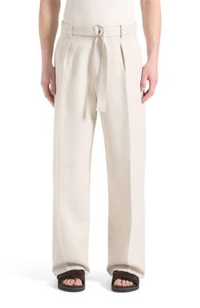 Mani&egrave;re De Voir Loic Wide Leg Textured Trousers with Belt in Cream at Nordstrom, Size 32