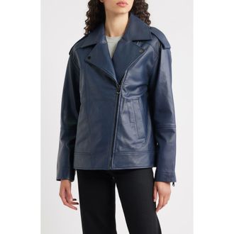 Bernardo Relaxed Moto Leather Jacket in Navy at Nordstrom Rack, Size Medium
