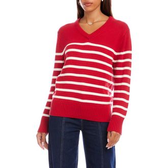 Karen Kane Stripe V-Neck Sweater in Red/white at Nordstrom, Size X-Large