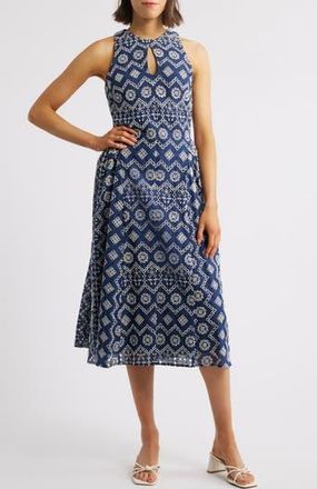 Adelyn Rae Soraia Eyelet Embroidery Midi Dress in Navy at Nordstrom Rack, Size X-Large