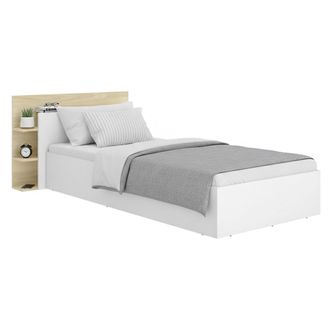 Dmora Cama Individual Montic, Con Almacenaje, Colch&oacute;n 90x190 Cm, Cabecero Librer&iacute;a, Almacenaje Tapizado En Tela, Blanco