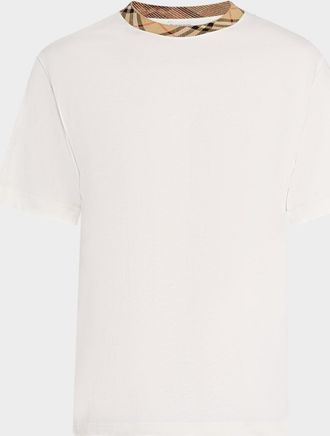 Burberry Mens Cotton Check-Trim Crewneck T-Shirt