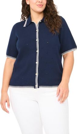 CeCe by Cynthia Steffe Pointelle Cotton Button-Up Sweater in Classic Navy at Nordstrom, Size 1 X