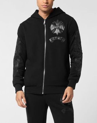 Philipp Plein Zip Hoodie With Leather Inserts Chrome Crest Men in Black at Nordstrom, Size Xxx-Large