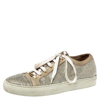 Le Silla Metallic Beige Crystal Embellished Suede Low Top Sneakers
