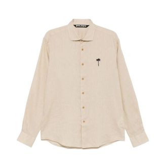 Palm Angels Casual Shirts, male, Beige, Size: XL Palm Tree Embroidered Linen Shirt