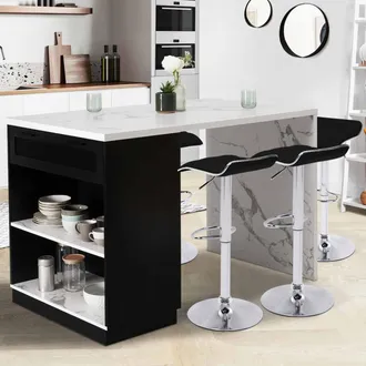 IDMarket Idmarket - Vito 130 Cm Isla Central De 4 Plazas Negra Con Encimera Efecto M&aacute;rmol Alaska