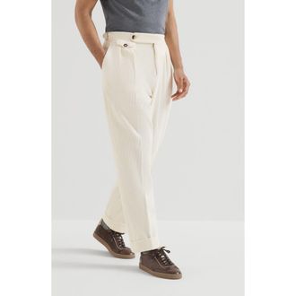 Brunello Cucinelli Garment-dyed trousers in cotton corduroy with reversed double pleats and waist tabs in White at Nordstrom, Size 54