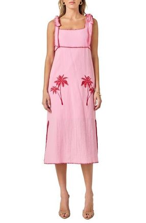 English Factory Tropical Embroidery Midi Dress in Pink/Red at Nordstrom, Size X-Small
