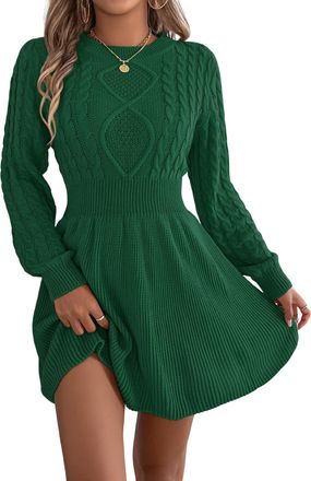 Generic Womens Solid Color Dress Round Neck Long Sleeve Cable Knit Sweater Dress A Line Casual Fashion Dresses Dark Green XL