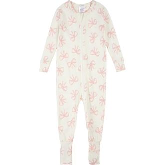 Petit Lem Bow Print Convertible One-Piece Pajamas in Beige at Nordstrom, Size 12M