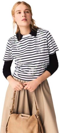 Maje Striped rhinestone flower T-shirt in White at Nordstrom, Size X-Small