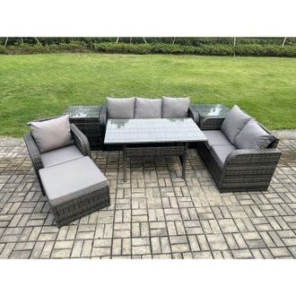 Fimous Fimous 7 Piece Rattan Garden Furniture Set with Patio Sofa Rectangular Dining Table 2 Side Table Big Footstool Indoor Conservatory Patio Set