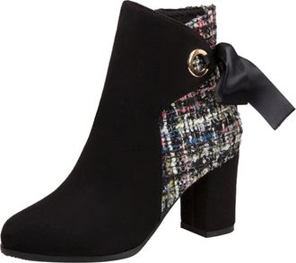 Generic Winter Ladies Fashion Suede and Coth Splicing Ribbon Back Strap Thick High Heel Side Zipper Ankle Boots (Black, 6. 5)