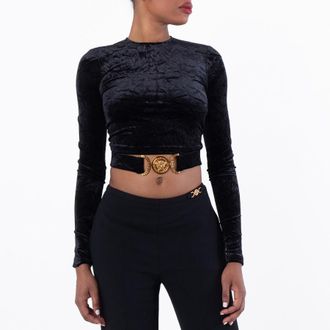 Versace Velvet Logo Plaque Crop Top, Brand Size 38 ( US Size 2 )