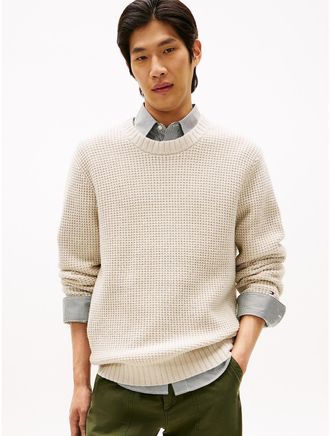 Tommy Hilfiger Mens Wool-Blend Waffle-Knit Sweater - Beige - XXL