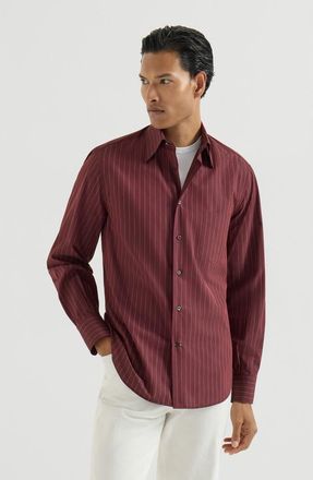Brunello Cucinelli Double pinstripe cotton shirt with Italian collar and chest pocket in Burgundy at Nordstrom, Size Medium