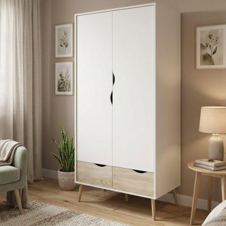 Dmora Dmora Armoire &Agrave; Deux Portes Avec Deux Tiroirs, Couleur Blanc Et Ch&ecirc;ne, 98 X 200 X 58 Cm