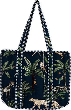 Generic Handmade Quilted Tote Bag-Navy Blue Jungle Print, Cotton Shoulder Bag with Striped Handles, Boho Travel & Shopping Bag