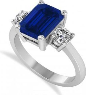 Allurez Emerald & Round 3-Stone Blue Sapphire & Diamond Engagement Ring 14k White Gold (3.00ct)
