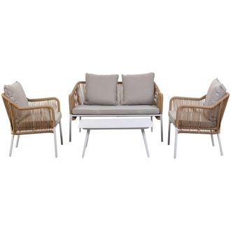Wanderlust Deco Mesa, sofa y 2 sillones beige, 110x65x45,72x79x76, 146x79x76