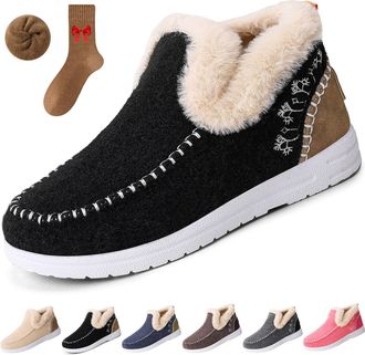 Generic Cozy Orthopedic Fleece Slip-On Boots,Womens Warm Plush Lined Non-Slip Flat Shoes,Comfort Warm Ankle Boots Indoor Outdoor (Black, Adult, Adult, Women, 