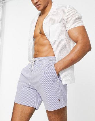 Polo Ralph Lauren Traveller - Pantaloncini da bagno in seersucker blu a righe con logo