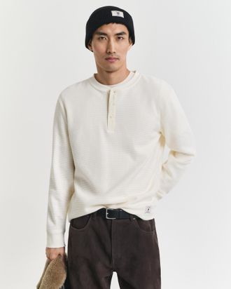 GANT Men Waffle Textured Long Sleeve Henley T-Shirt (XXXL) CREAM