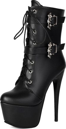 Generic Womens Sexy High Heel Platform Boots Round Toe Short Boots with Bat Wing Buckles PU Leather Party Prom Shoes with Zipper,Black2,2.5 UK