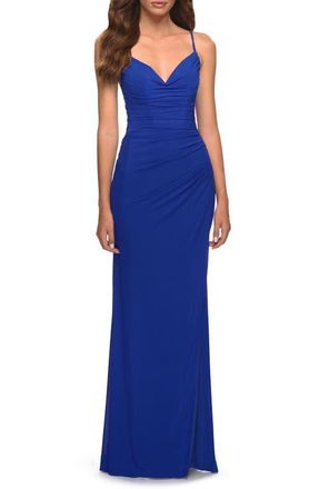 La Femme Chic Long Net Jersey Dress with Lace Up Back in Royal Blue at Nordstrom, Size 10