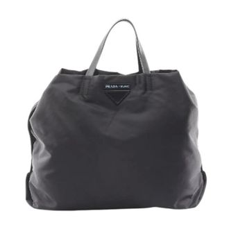 Prada Pre-owned Tote Bags, female, Black, Size: ONE SIZE Pre-owned Tessuto Nylon Leather Tote Bag