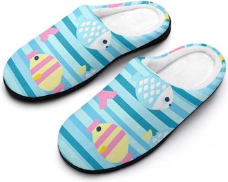Generic Cartoon Fish Pattern Mens Slippers Slip On Comfortable Fleece Cotton House Shoes Winter