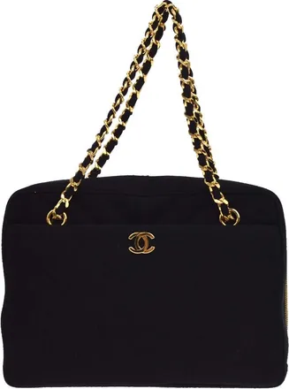 Chanel Vintage Pocket Camera Chevron Jersey Black Canvas Handbag (Pre-Owned)
