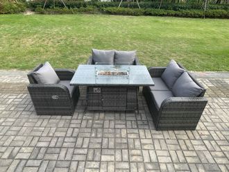 Fimous Patio Rattan Garden Furniture Set with Gas Fire Pit Dining Table Indoor Outdoor 4 piece Love Sofa set in Dark Grey