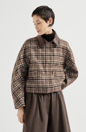 Brunello Cucinelli Comfort checked wool and alpaca outerwear jacket with leather collar and monili in Brown at Nordstrom, Size 34